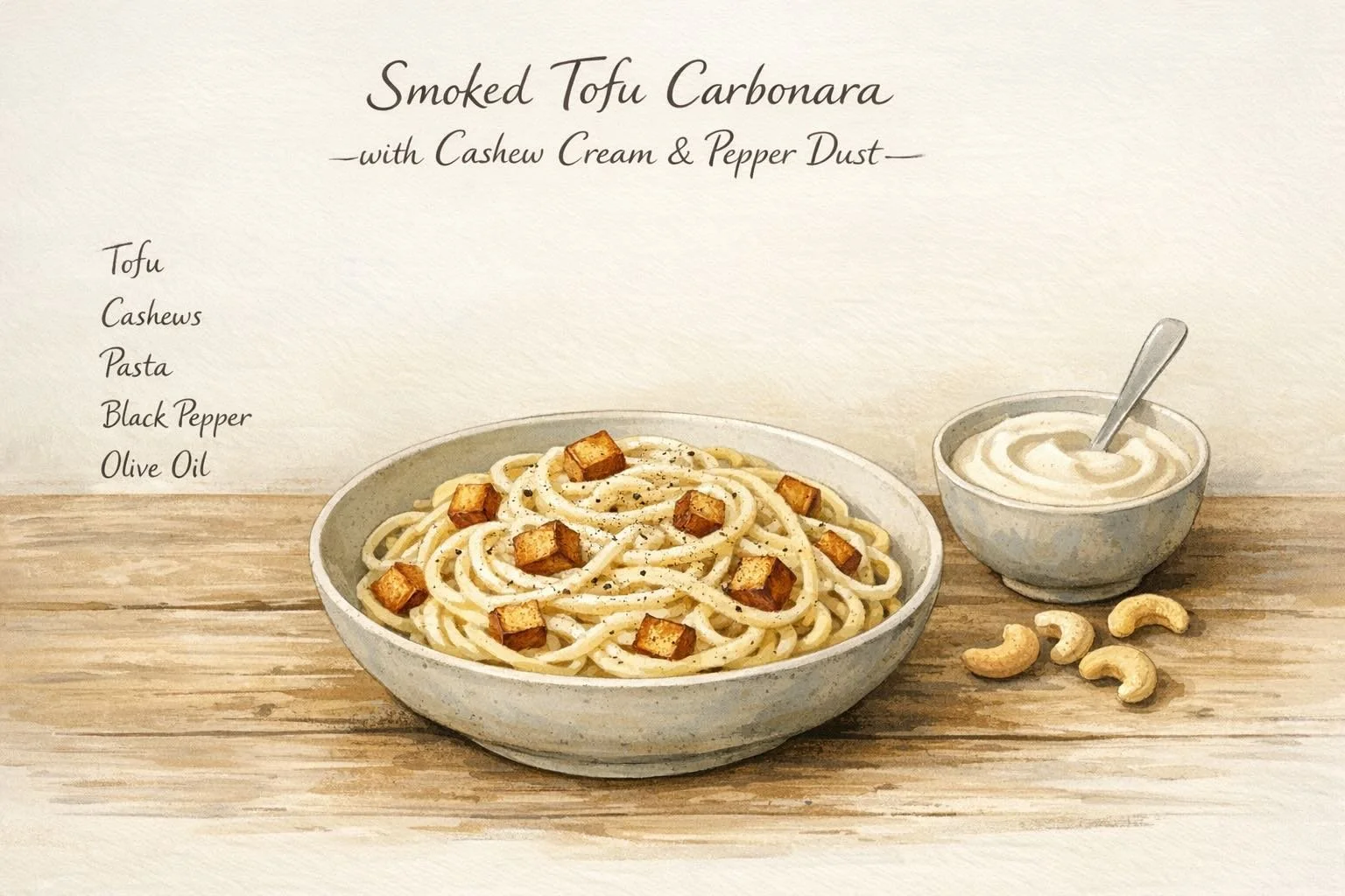 Landscape illustration of smoked tofu carbonara pasta with silky cashew cream, browned tofu cubes, cracked black pepper, and ingredient list.