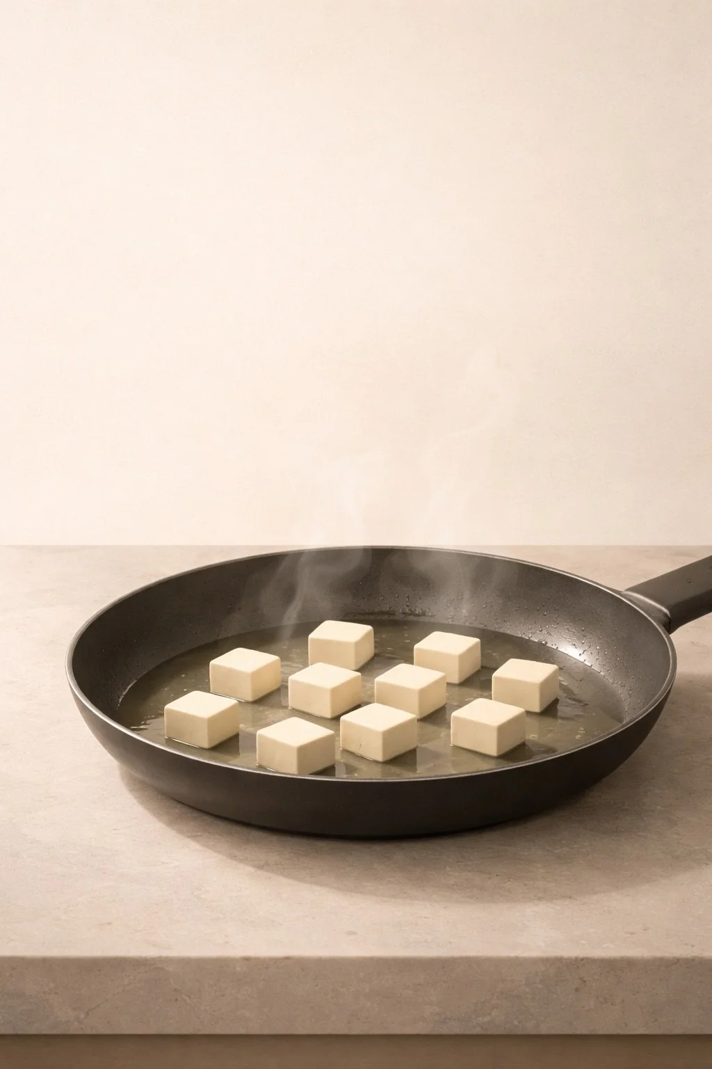 Tofu resting in a pan off the heat with soft steam and a calm, glossy surface