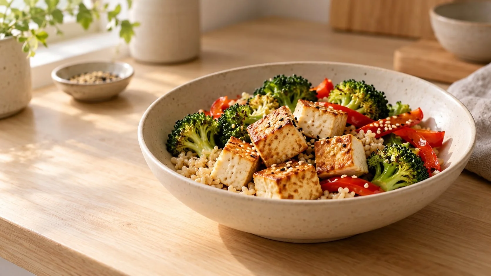 Golden pan-seared tofu cubes with rice, broccoli, red capsicum and sesame seeds in a ceramic bowl.