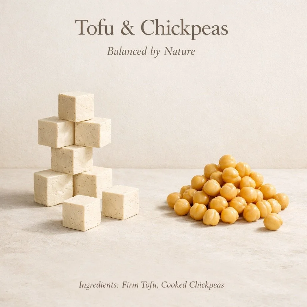 Minimalist still life of tofu and chickpeas arranged to show balance and structure