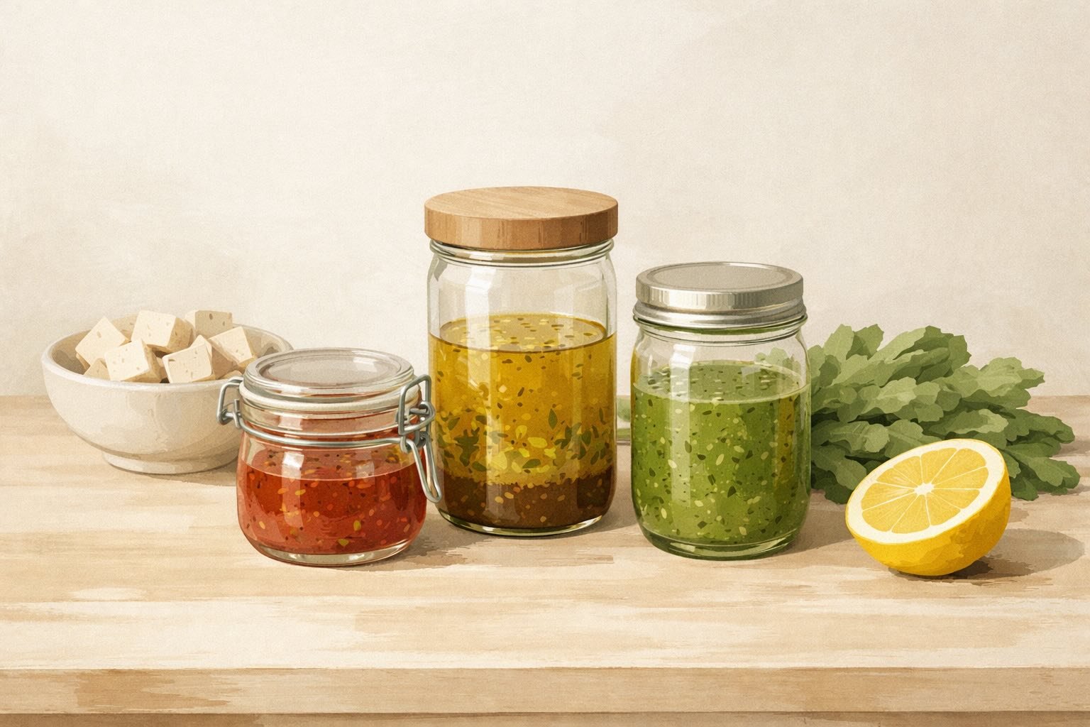 Minimalist illustration of balanced salad dressings beside tofu and greens