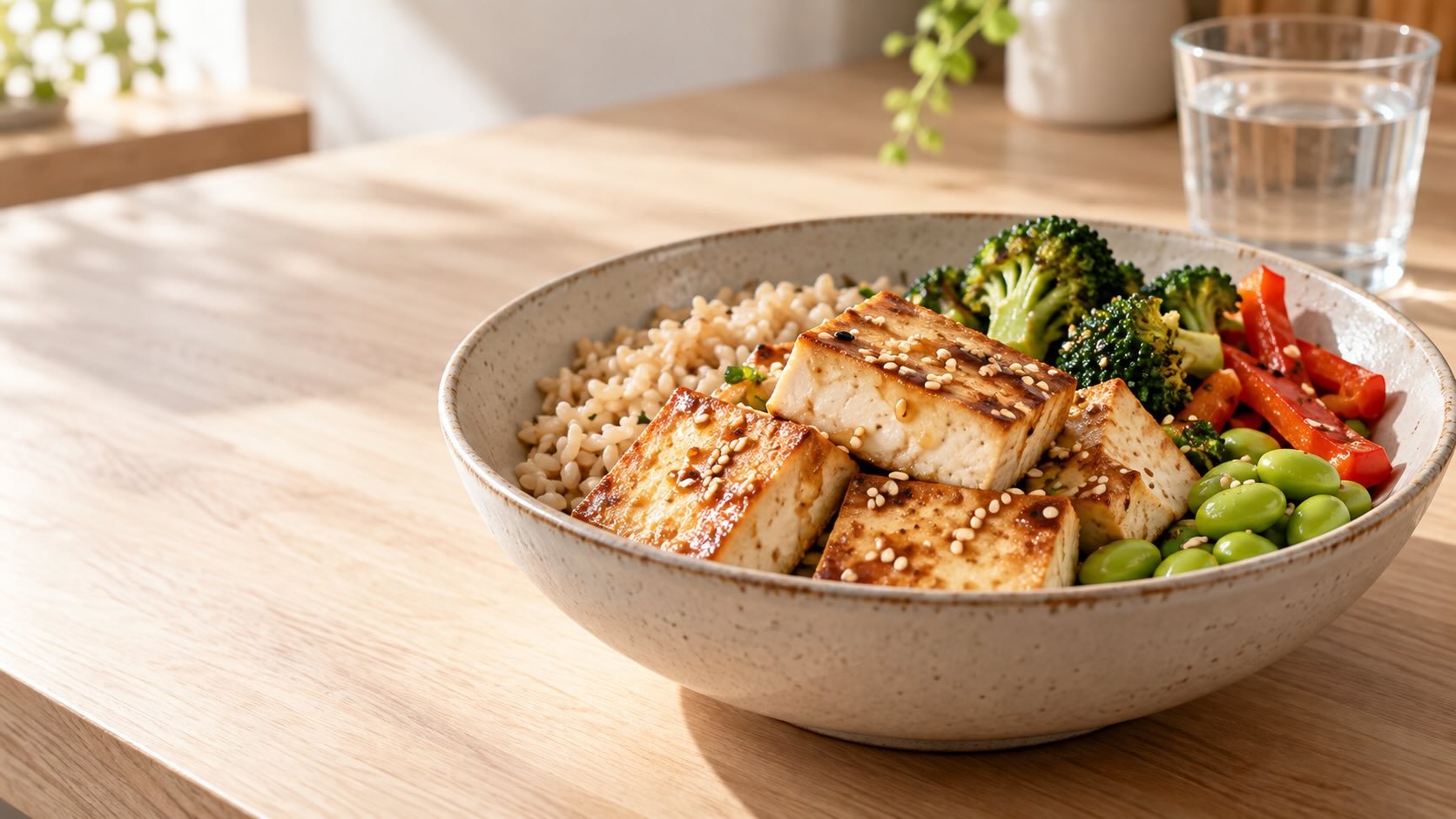 Pan-seared tofu with brown rice, edamame, broccoli and red capsicum in a sunlit kitchen.