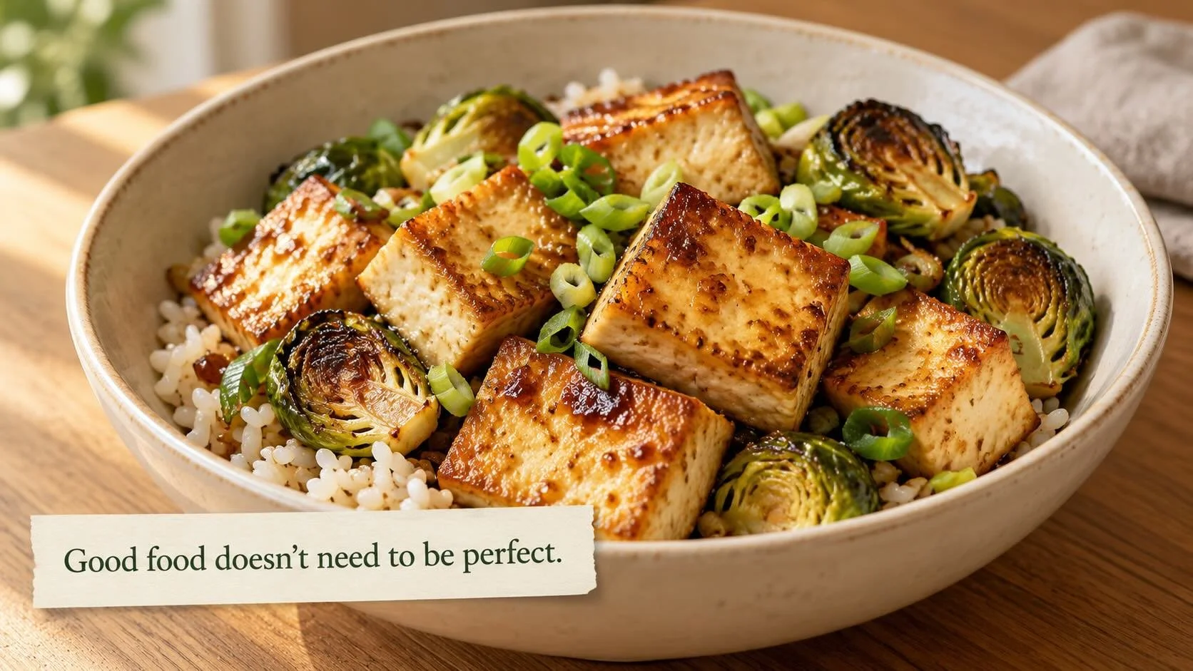 Golden pan-seared tofu with rice, roasted Brussels sprouts and spring onion, captioned “Good food doesn’t need to be perfect.”