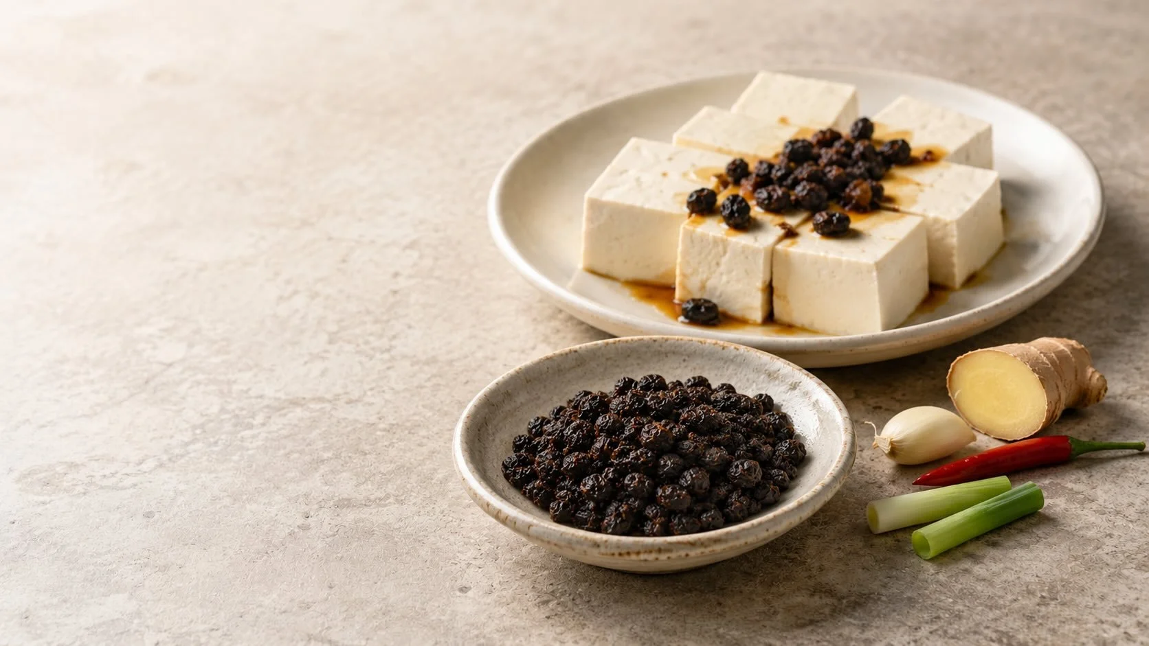 Wrinkled fermented black soybeans in a ceramic dish beside firm tofu topped with douchi, with ginger, garlic, chilli and spring onion.