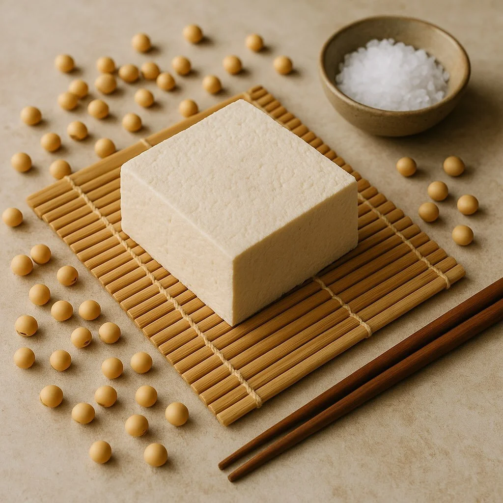 Rustic block of tofu with soybeans and nigari salt on bamboo mat.