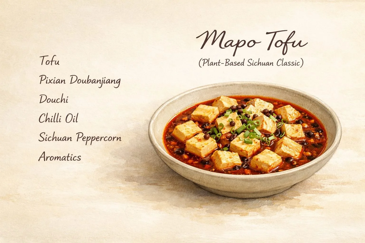 Artistic recipe card illustration of plant-based Mapo Tofu with soft tofu cubes in chilli oil sauce, Pixian doubanjiang depth, douchi umami, and Sichuan peppercorn accents.