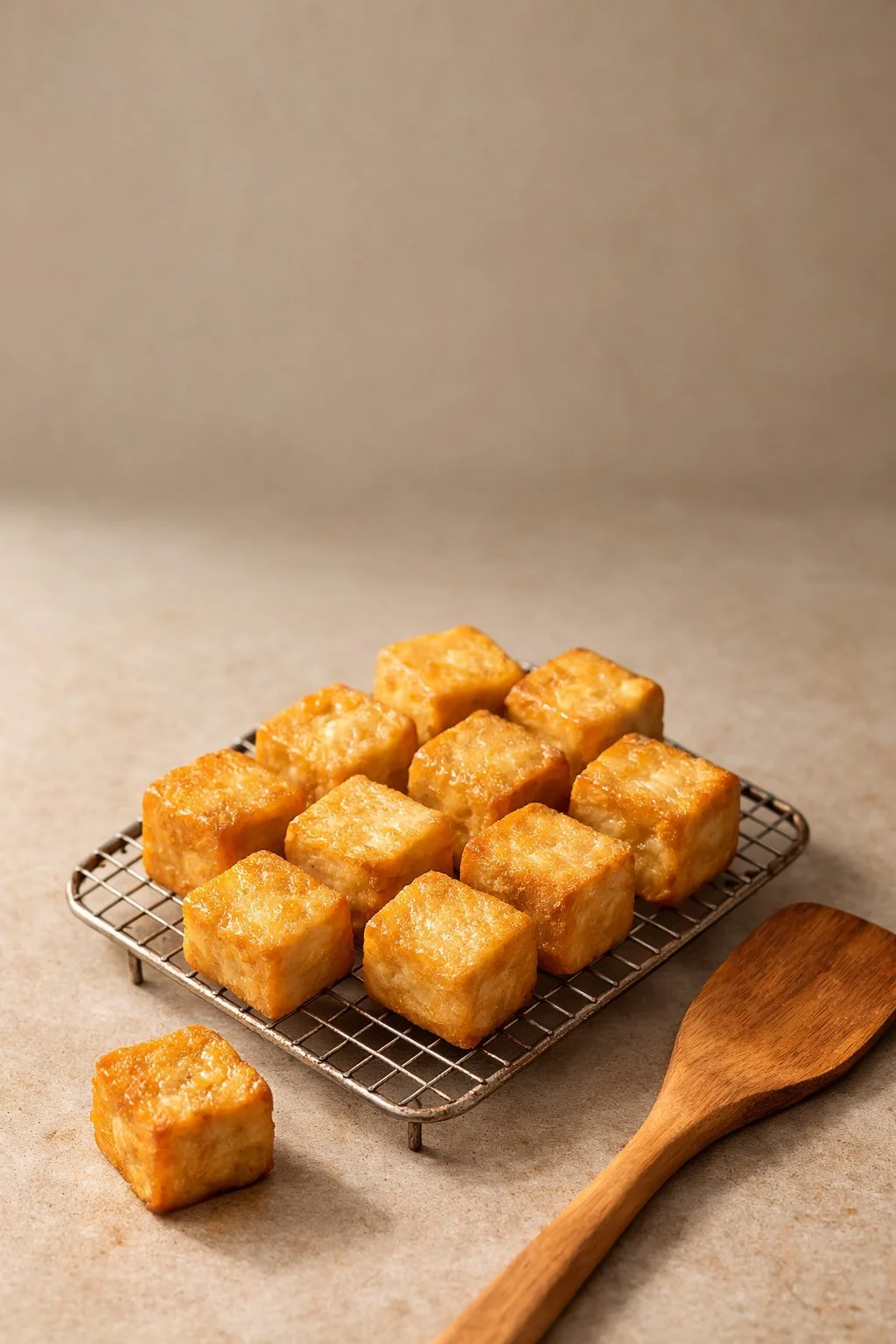 Golden tofu cubes resting on a rack symbolising confident cooking decisions without recipes.
