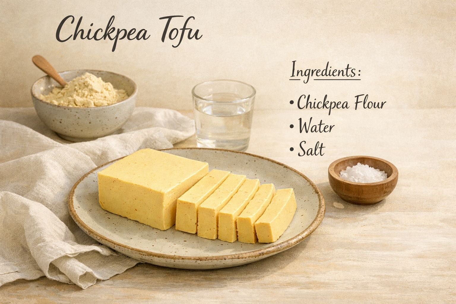 Illustrated recipe card showing sliced chickpea tofu made from chickpea flour