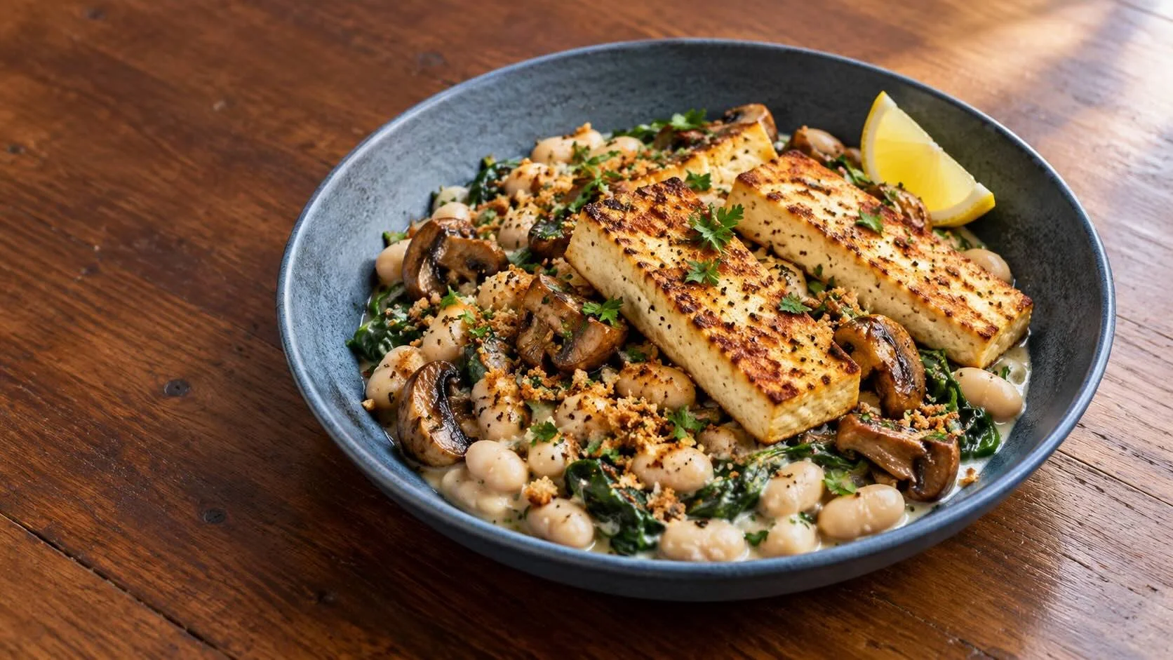 Golden pan-seared tofu with creamy white beans, browned mushrooms, spinach, toasted breadcrumbs and a lemon wedge in a blue bowl.