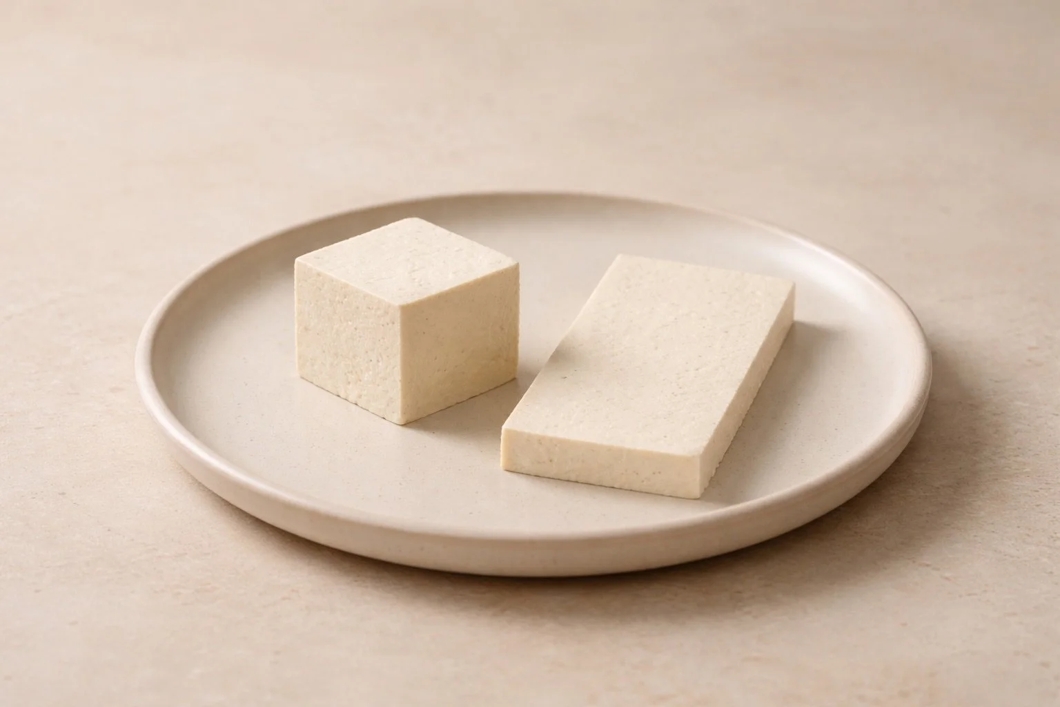 Tofu cube beside a thin tofu slab showing contrast in shape and thickness