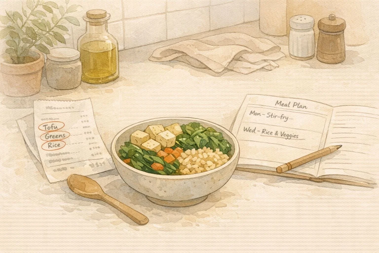 A calm kitchen illustration showing tofu as part of everyday, flexible eating habits rather than a strict diet.