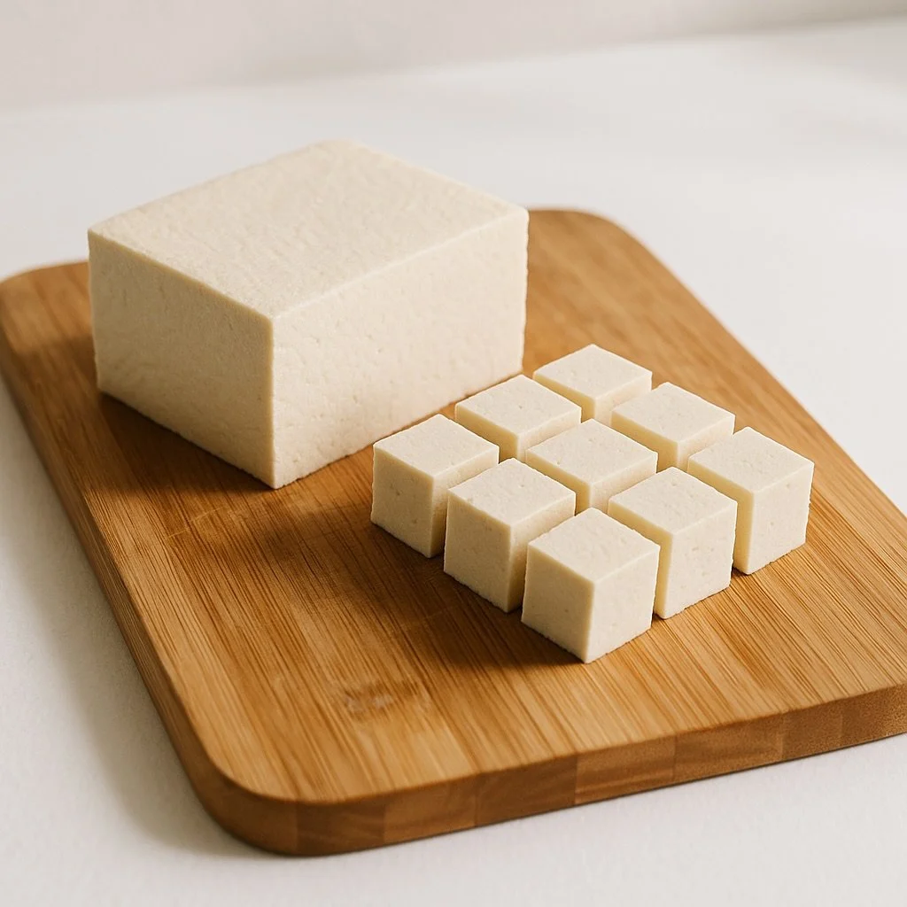 A plain wooden board with a single block of tofu and neatly cut cubes, shown in bright natural light.