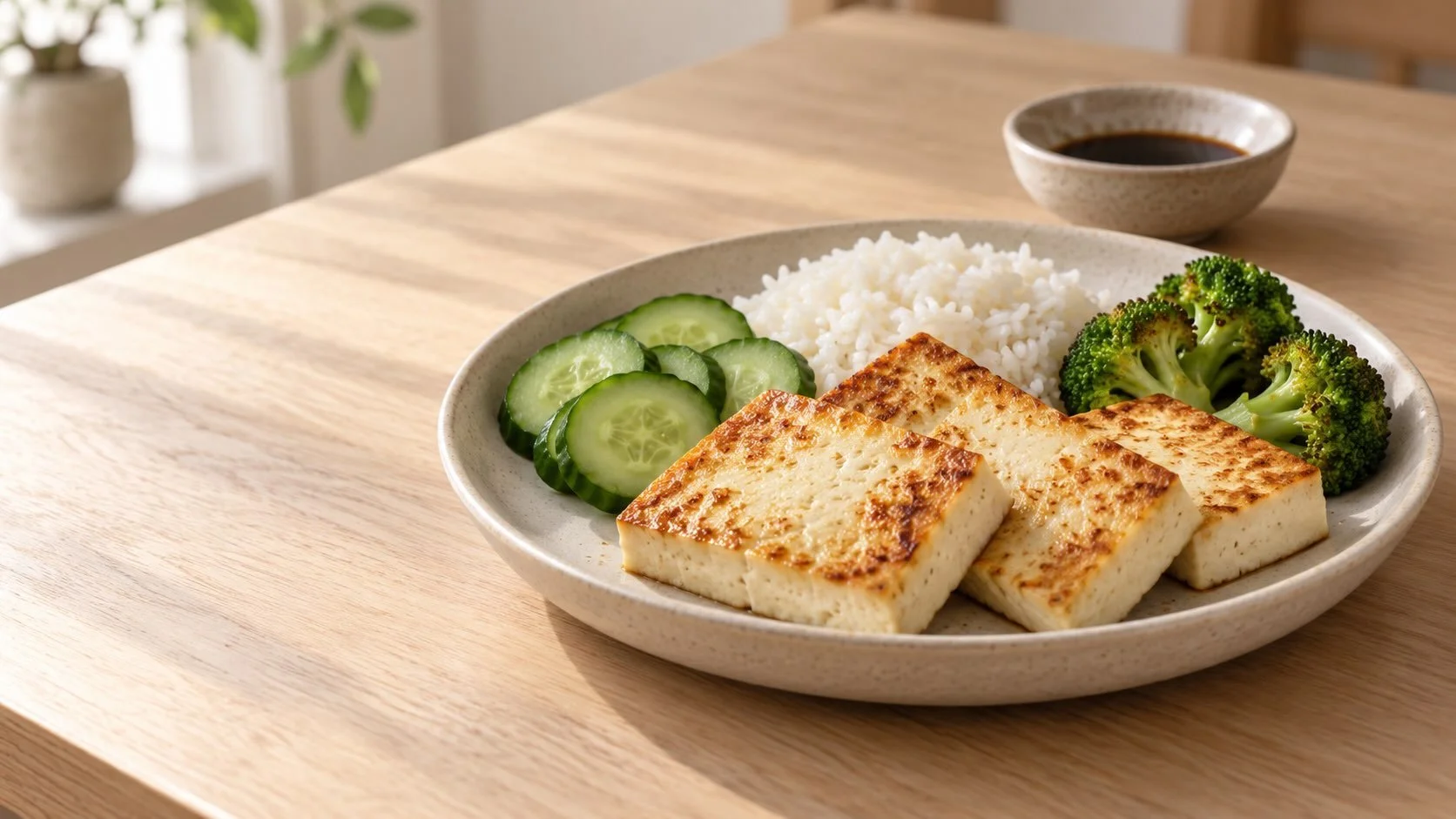 Golden pan-fried tofu slices with rice, cucumber and broccoli on an ivory plate.