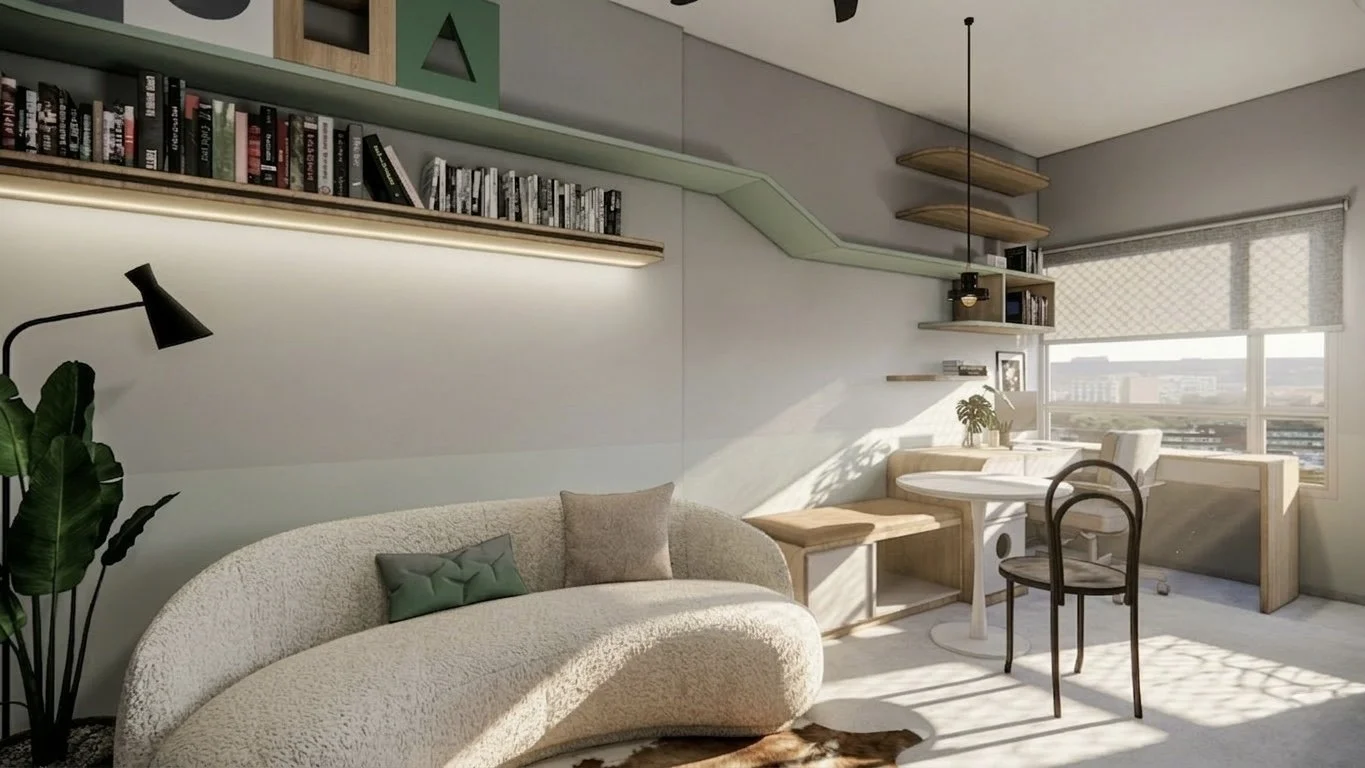 Sunlit living space with a plush beige sofa, a black reading lamp, shelves with books, a small round table, a wooden bench, indoor plants, and a large window with cityscape view.
