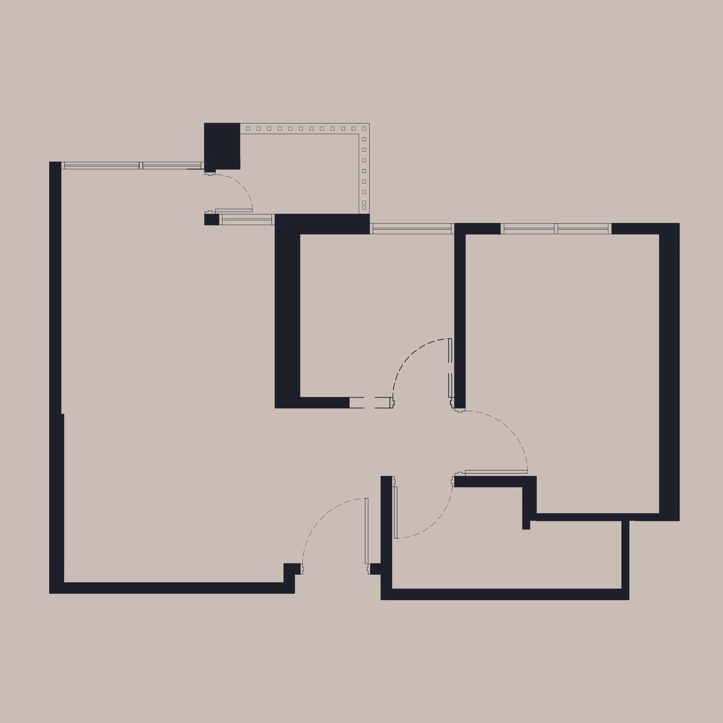 A black and white floor plan of an apartment or house layout on a beige background, showing rooms, doors, and walls.