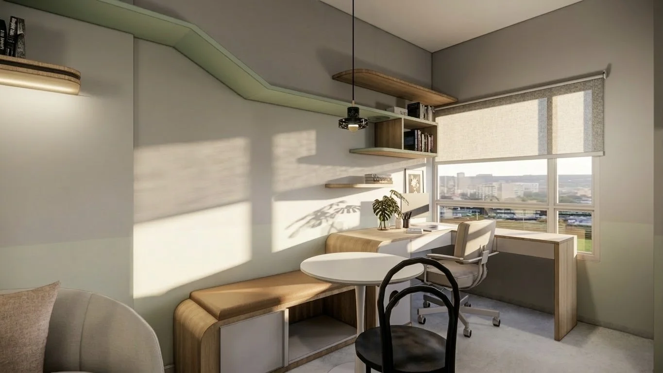 Modern home office with a large window, a desk, shelves, and seating, illuminated by natural sunlight.