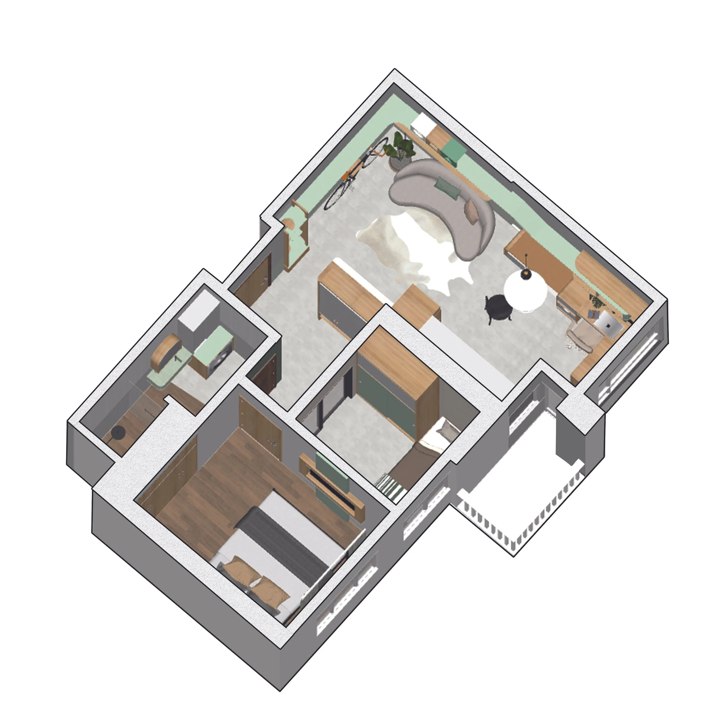 3D floor plan of a living space including a bedroom, bathroom, and an open-concept living room with workspace and sofa.