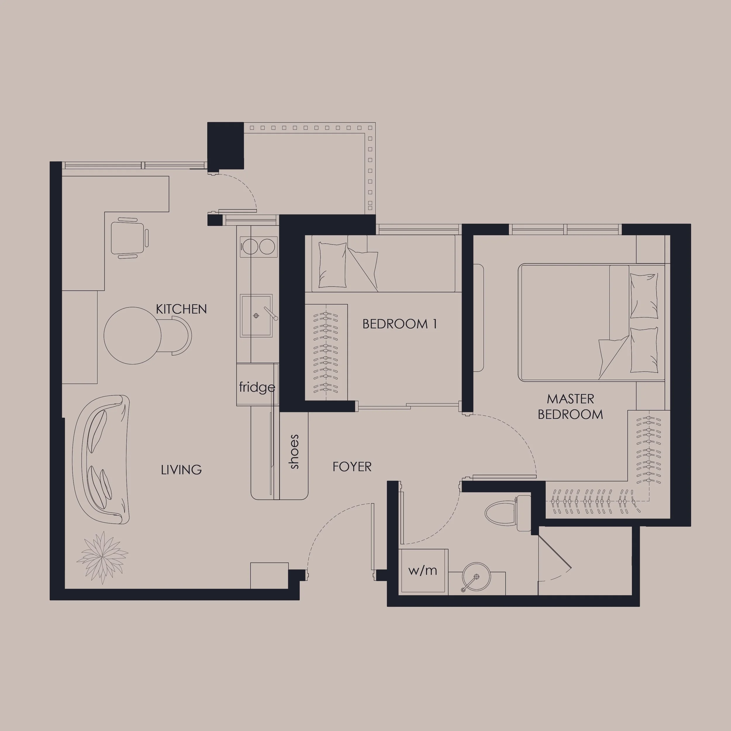 Floor plan of an apartment with labeled rooms including kitchen, living room, bedroom 1, master bedroom, foyer, and bathroom, designed in a minimalist style.