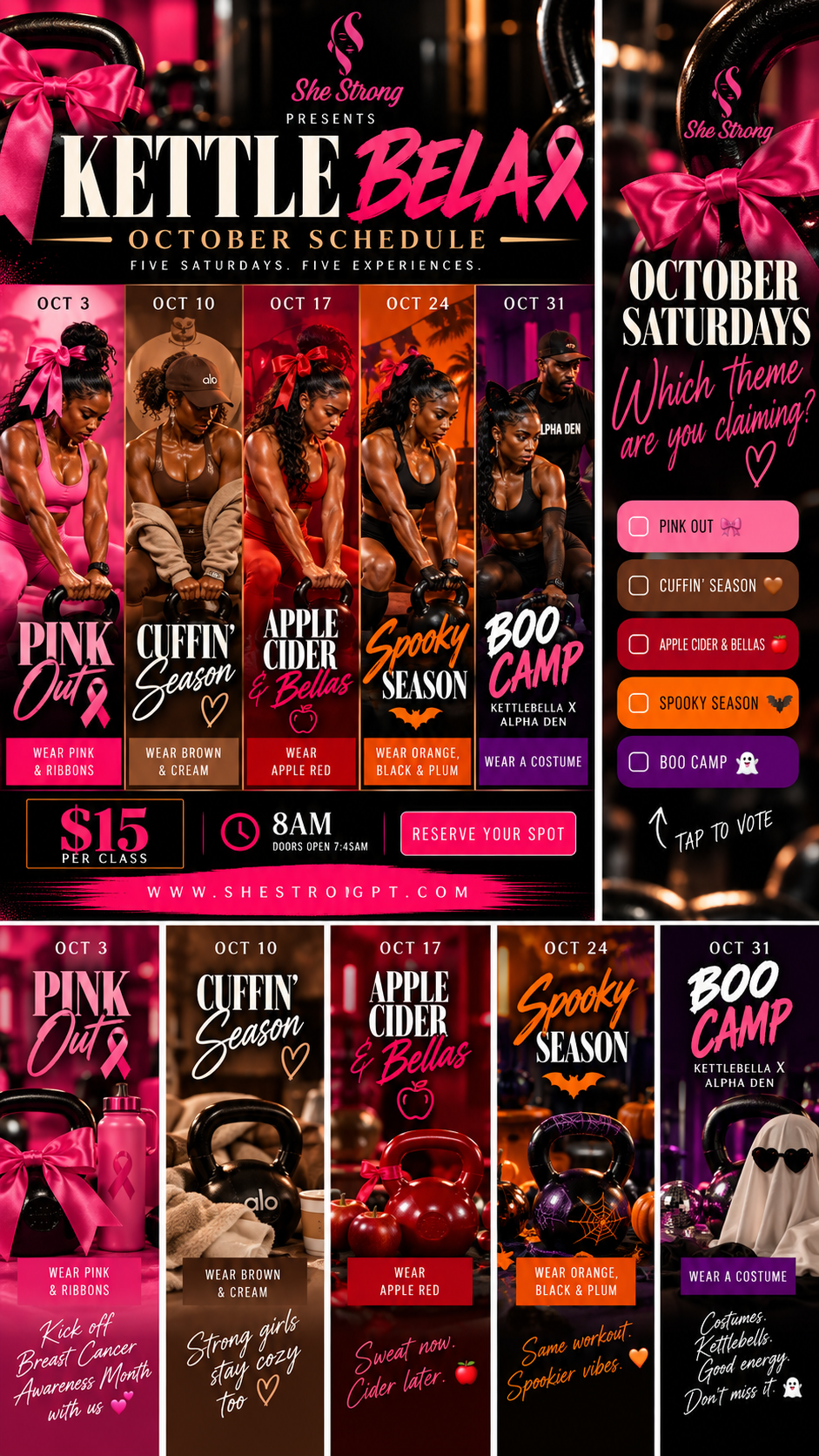 October 2026 KettleBellas schedule: Pink Out October 3, Cuffin’ Season October 10, Apple Cider & Bellas October 17, Spooky Season October 24, and Boo Camp October 31.