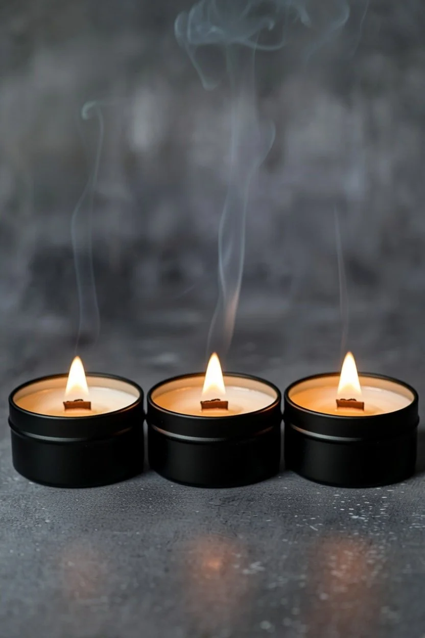 Three lit black candles on a dark surface with wisps of smoke rising from the flames.