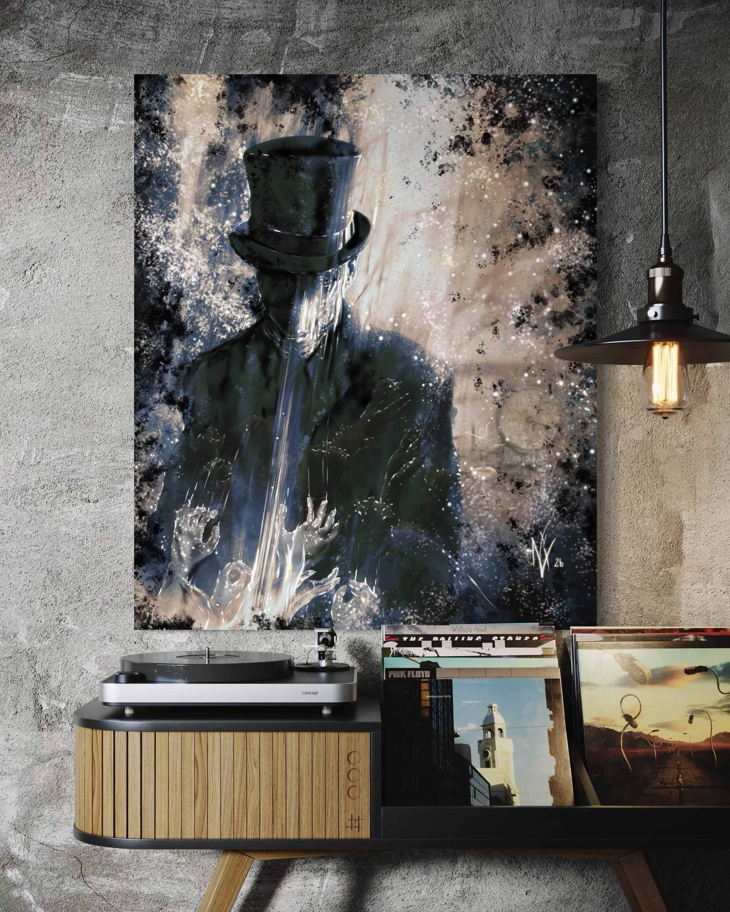 New painting &ldquo;The Hat Man&rdquo; from my Veil &amp; Reverie collection. I painted these from lucid dreams and sleep paralysis I get at night.  Does anyone else see this?  He only looks at me and has never been threatening.  I painted in my dres
