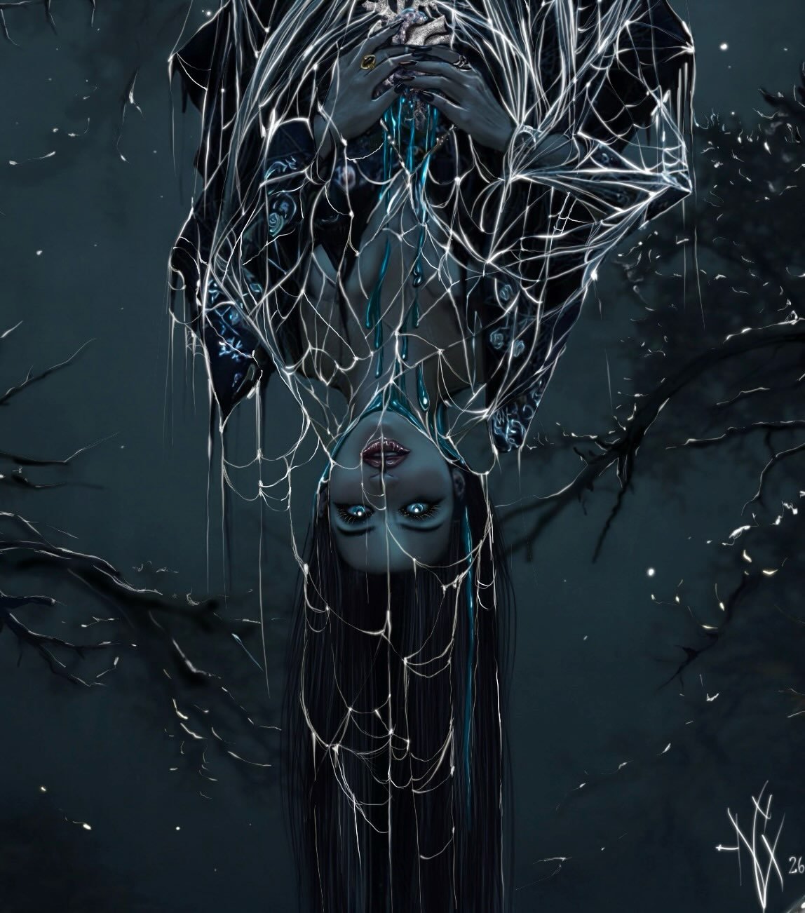 4th painting added to my &ldquo;Whispers of the Yokai&rdquo; collection. Meet &ldquo;Jorogumo&rsquo;s Lullaby&rdquo;. Suspended in the moonlit forest, the Jorogumo (seductive spider-woman of Japanese folklore) hangs inverted in a shimmering web.  The