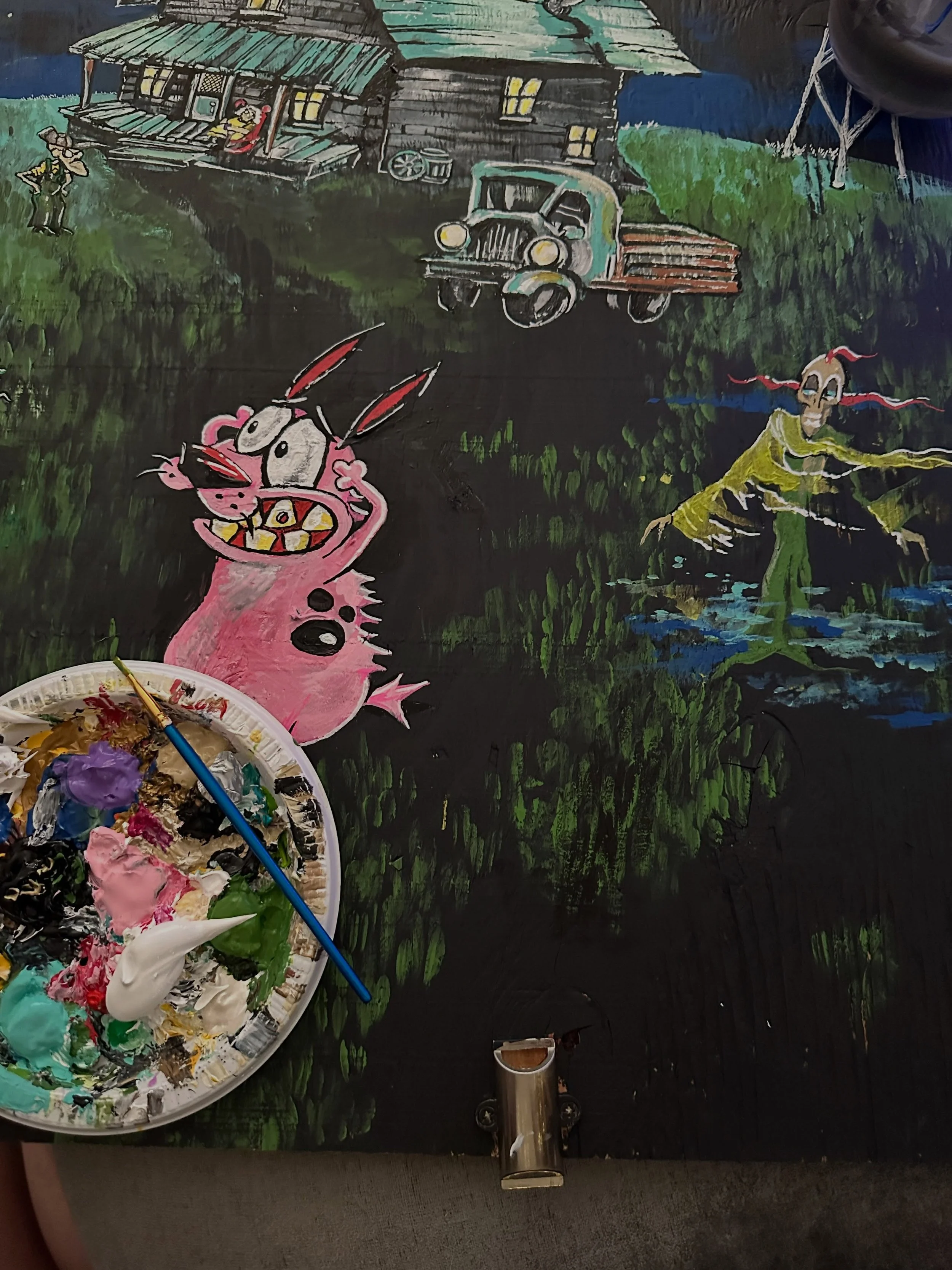 Check out my new #couragethecowardlydog painting for the doggy door wall in my house. Probably about halfway done.  Who were the best villains?  I need some more 

#couragethecowardlydogart #couragethecowardlydogfanart #couragethecowardlydog❤️