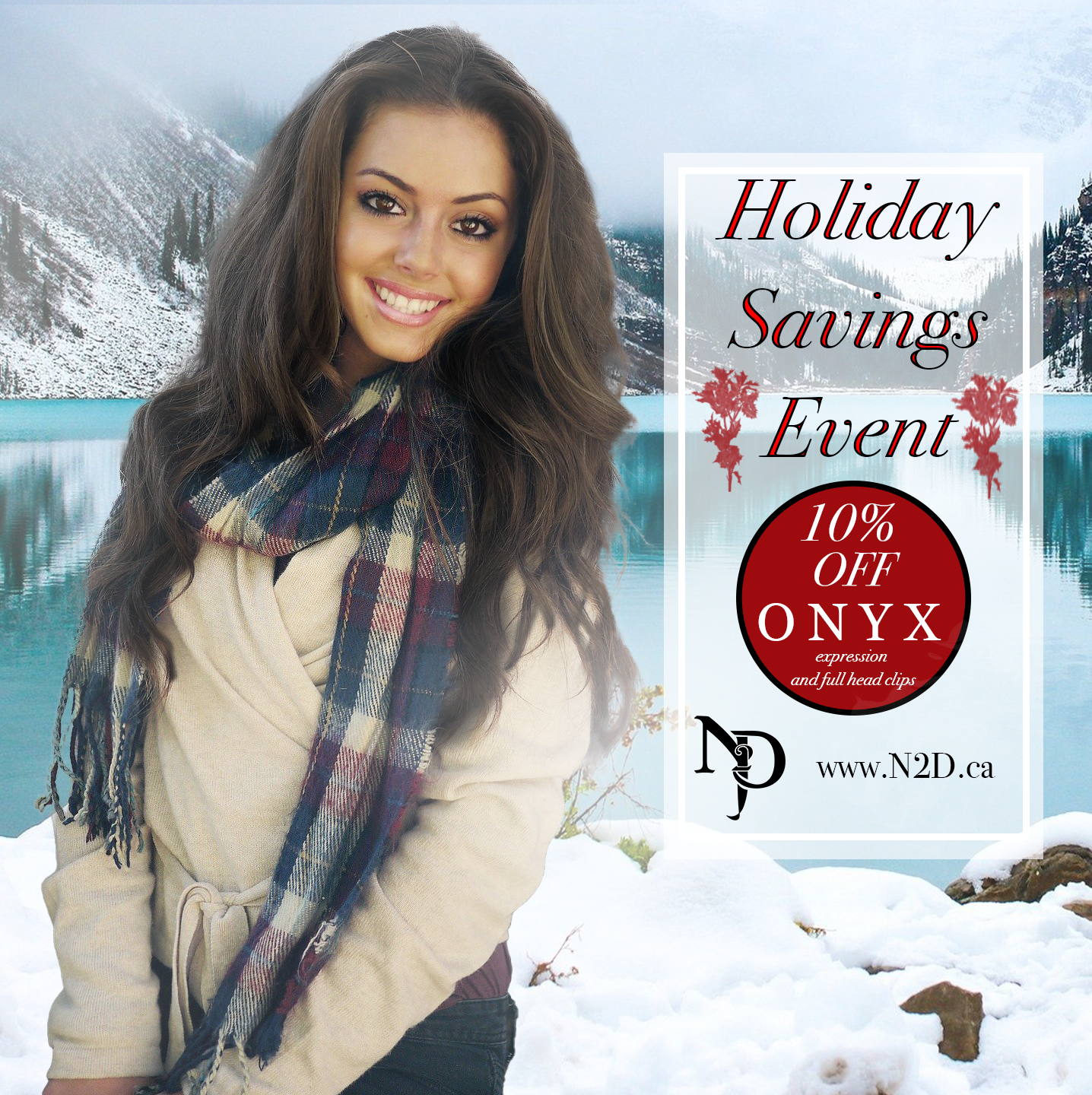 A young woman with long brown hair smiling in front of a snowy lake and mountain background, promoting a holiday savings event with 10% off on onyx jewelry on a promotional poster.