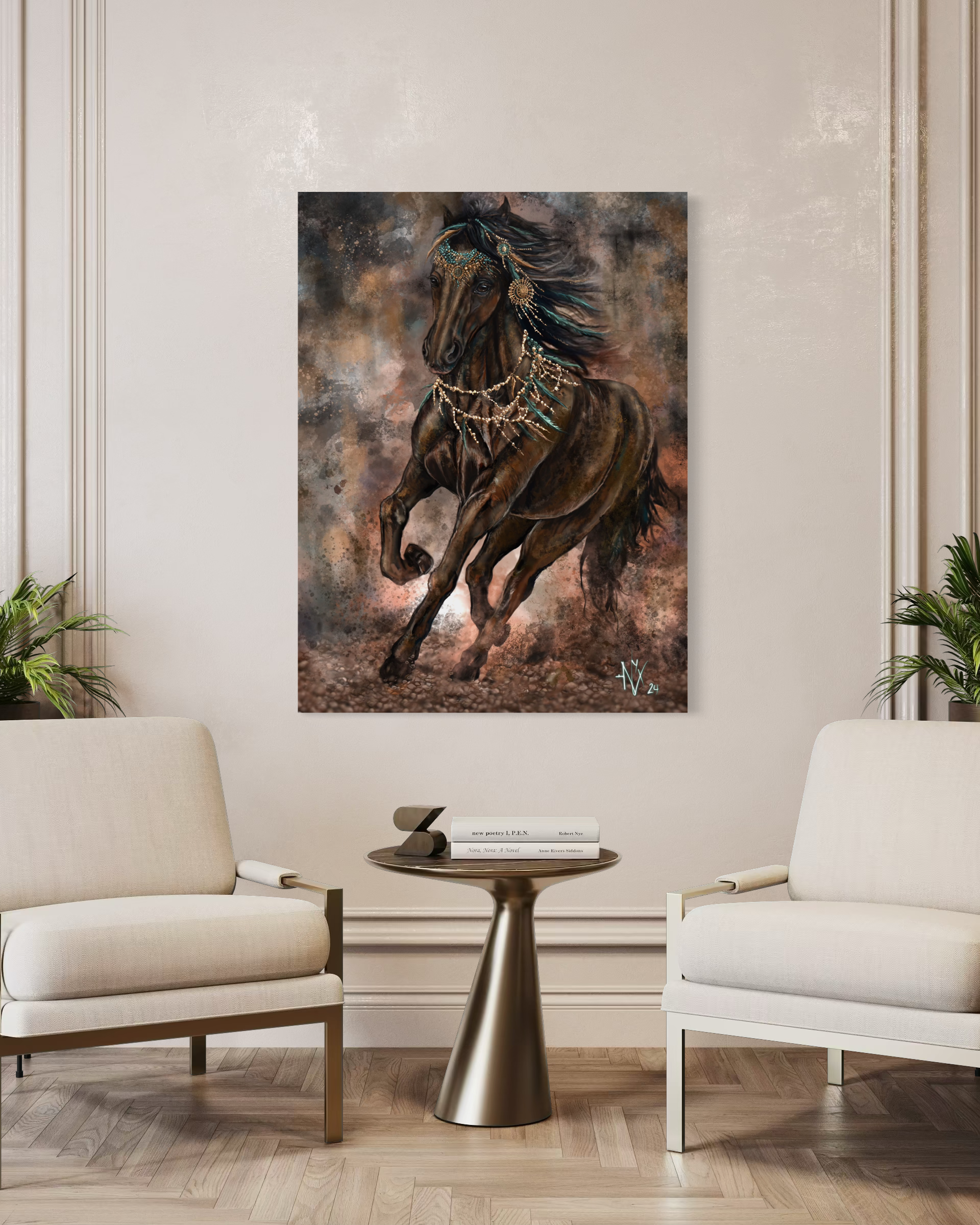 Painting of a brown horse running with jewelry on its neck and head, set against a colorful abstract background, hanging on a white wall in a modern living room.