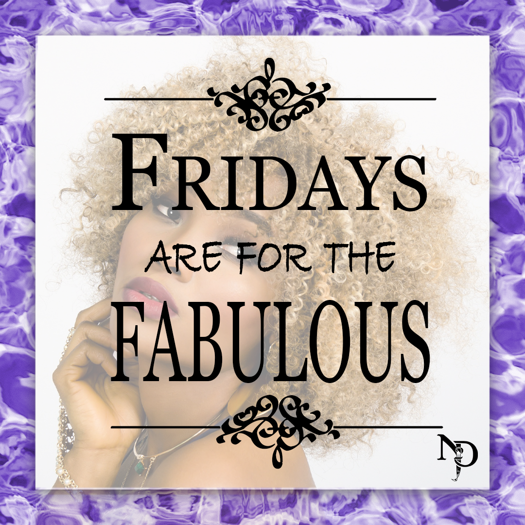 A promotional graphic with a woman with curly blonde hair, and text stating "Fridays are for the fabulous" on a purple marble background.