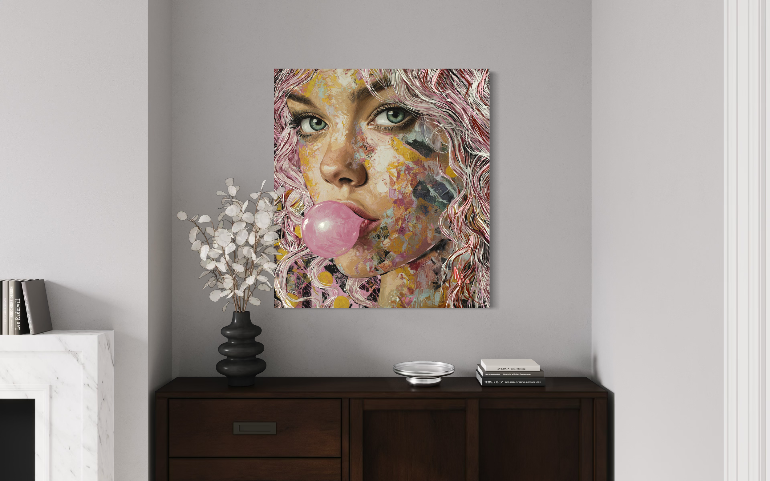 Portrait of a woman with pink curly hair blowing a bubble with bubblegum, painted in an abstract colorful style.
