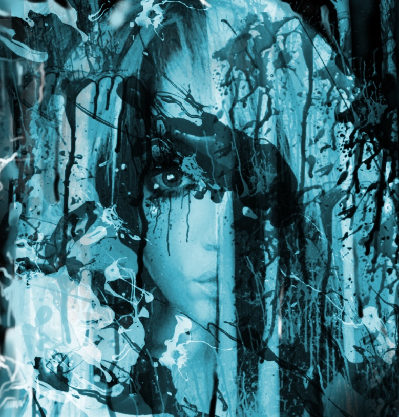 Abstract artwork featuring a partially visible woman’s face with one eye showing, surrounded by dark blue, black, and white paint splatters and streaks, creating an expressive and layered visual effect.