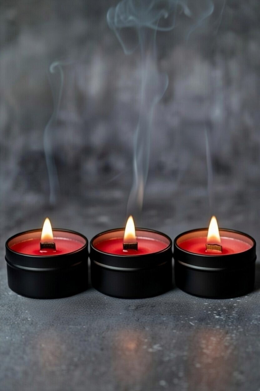 Three red tealight candles in black holders with lit flames, emitting smoke rising above them on a reflective surface.