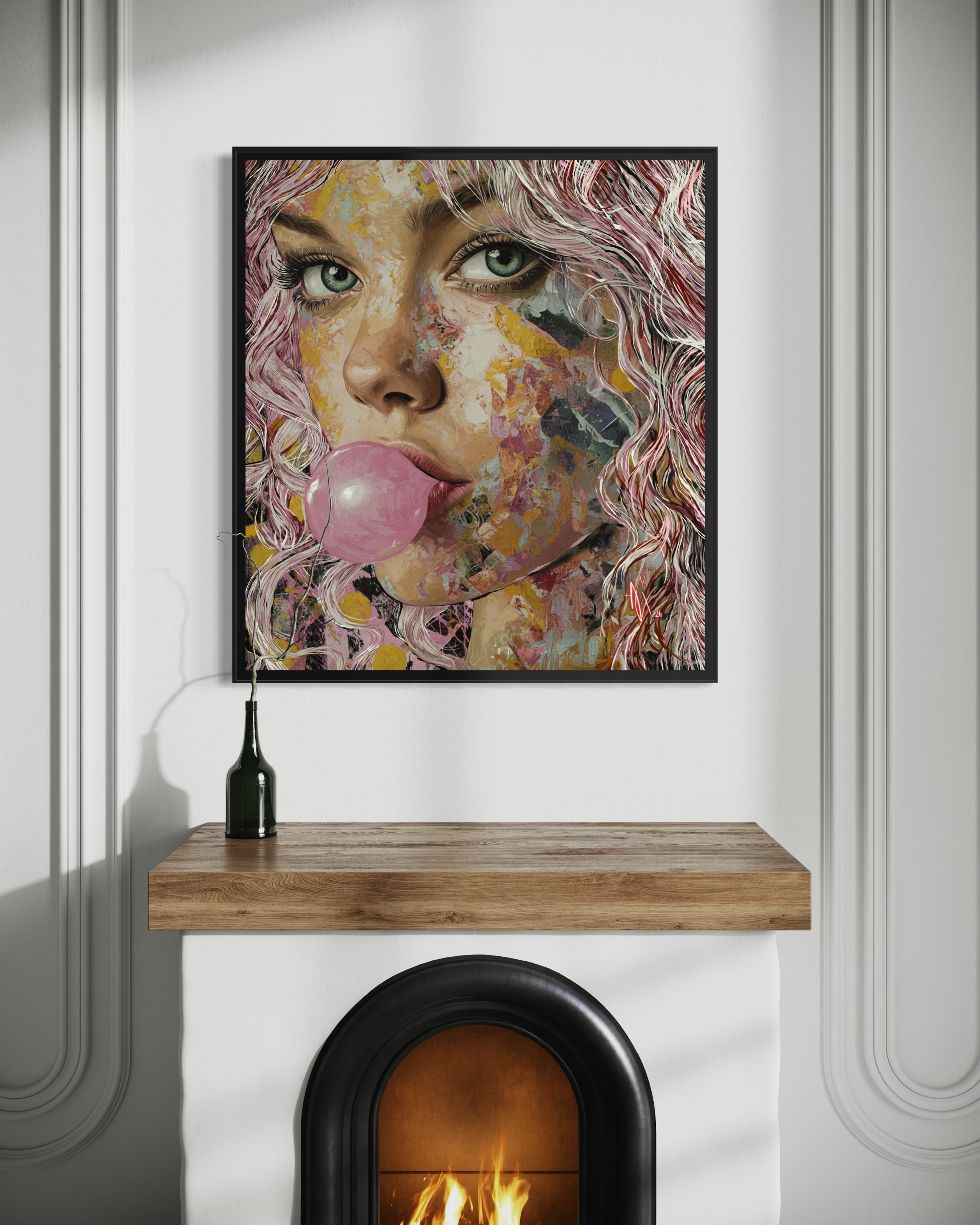 A decorated living room with a fireplace that has a fire burning inside. Above the fireplace, there is a large, colorful portrait of a woman with pink hair and blue eyes, blowing a bubble with gum. A black vase is on a wooden mantel in front of the fireplace.
