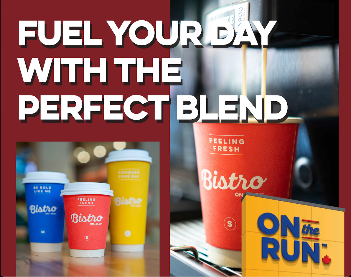 Three colorful coffee cups, one red, one blue, and one yellow, with the Bistro On The Run logo, placed on a table, and a coffee machine dispensing coffee into a red cup with the slogan "Feeling Fresh" on it, promoting coffee beverages.