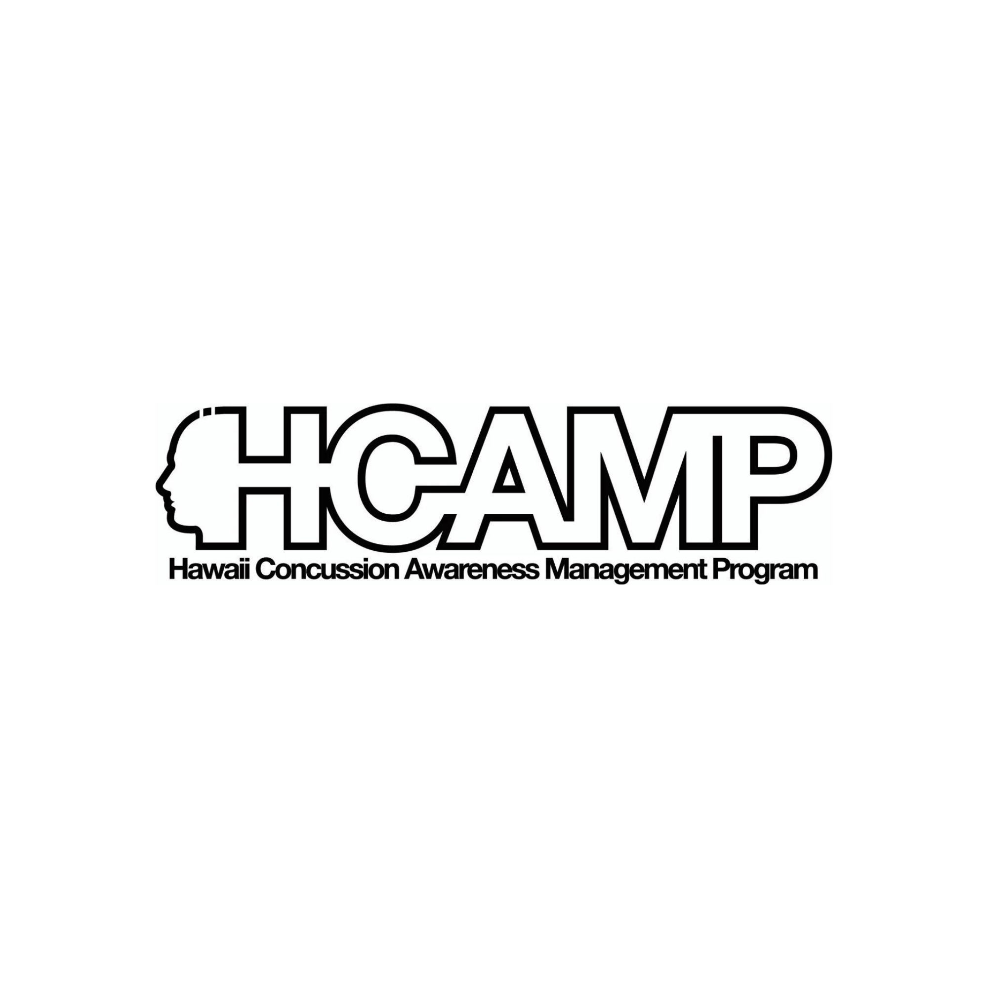 Black and white circular logo with a silhouette of a person's head in profile and text that reads 'Hawaii Concussion Awareness Management Program'.