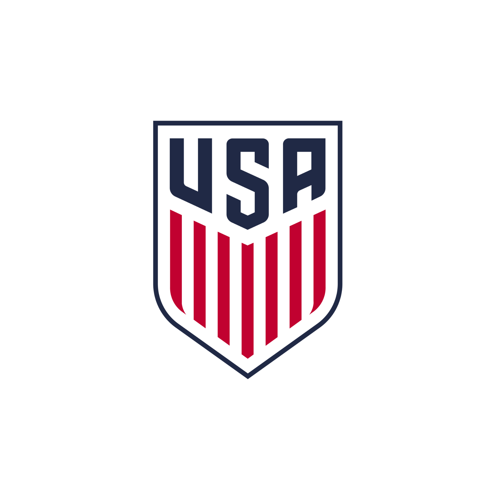 United States Soccer Federation (USSF) logo, featuring a shield with red and white vertical stripes and navy blue lettering and details.