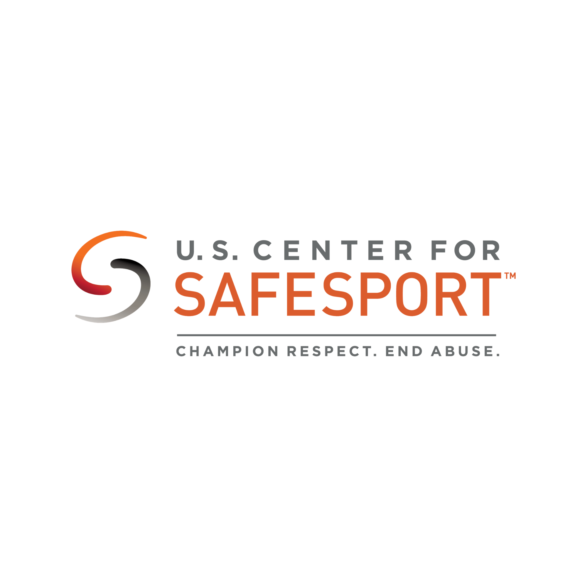 Logo of the U.S. Center for SafeSport with a stylized 'S' and a curved orange line, alongside text 'U.S. Center for SafeSport' and the slogan 'Champion Respect. End Abuse.'