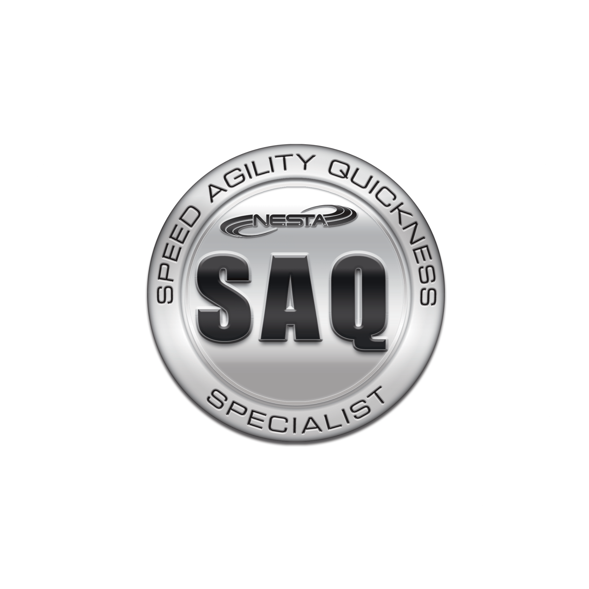 Close-up of a circular badge with the words 'SAQ' in the center, surrounded by a ring that reads 'PEER EDUCABILITY QUICK' and 'SPECIALIST'.