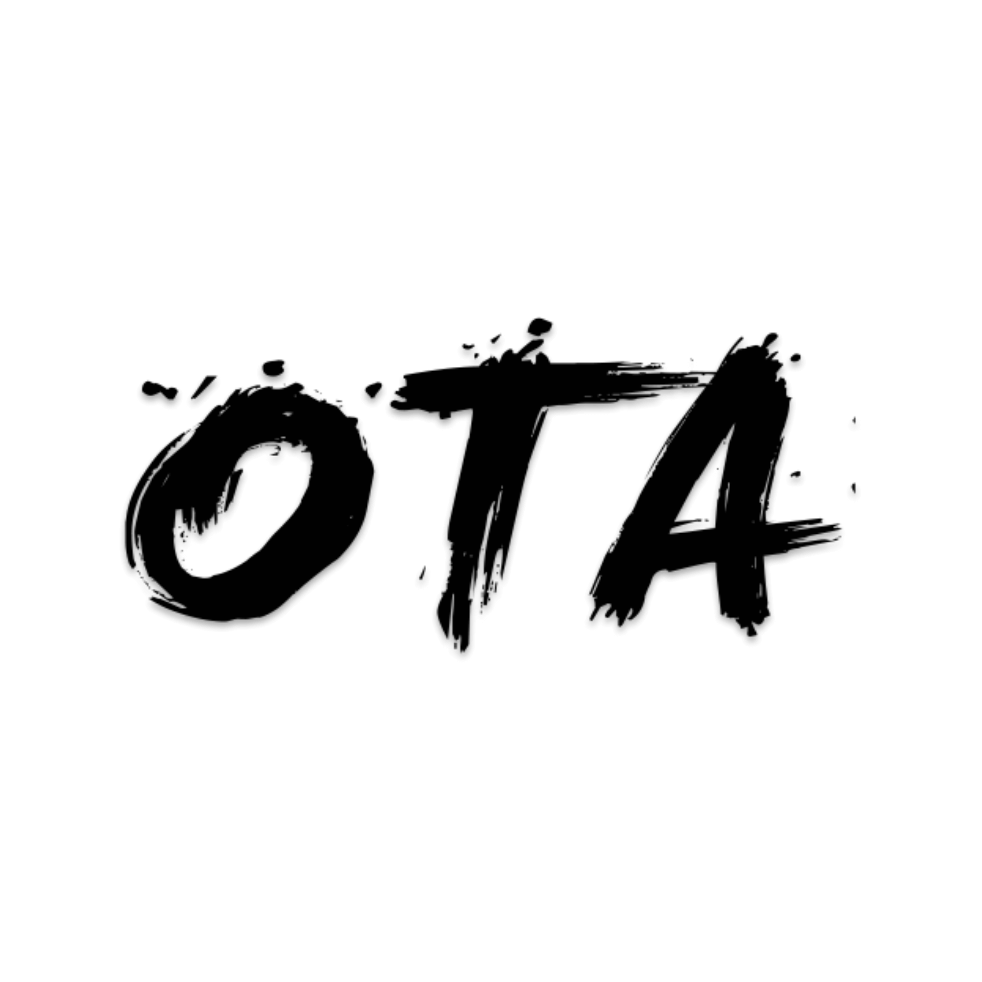 Close-up of stylized black text with brushstroke effect on a white circular background.