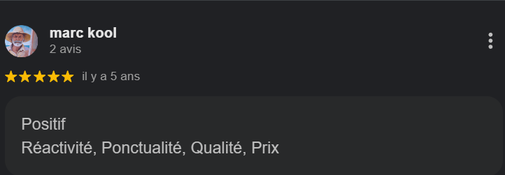 Avis en ligne de marc kool mentionnant positif, réactivité, ponctualité, qualité, prix, avec une note de 5 étoiles.
