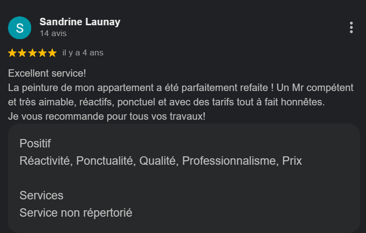 Avis laissé par Sandrine Launay, recommandant un service de peinture d'appartement, mentionnant la qualité, la réactivité et la honnêteté du prestataire.