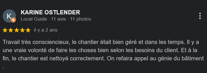 Capture d'écran d'une critique positive sur un chantier de construction, mentionnant la gestion attentive et le nettoyage correct du site.