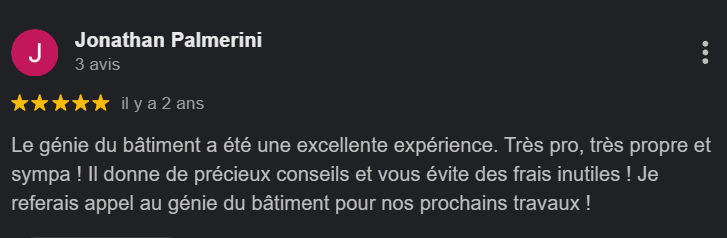 Avis en ligne de Jonathan Palmerini concernant une expérience avec une entreprise de construction.
