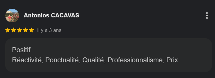 Capture d'écran d'une revue ou recommandation avec le nom 'Antonius CACAVAS', une note de cinq étoiles, mentionnant le temps écoulé (il y a 3 ans) et un commentaire positif sur la réactivité, ponctualité, qualité, professionnalisme et prix.