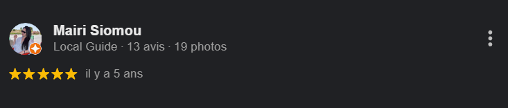 Capture d'écran d'un profil Google avec le nom 'Mairi Siomou', le titre 'Guide local', 13 avis, 19 photos, et une notation de cinq étoiles datant de cinq ans.