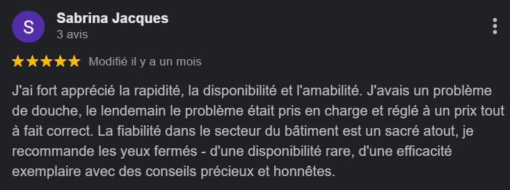 Avis positif d'une cliente nommée Sabrina Jacques, mentionnant sa satisfaction avec un service rapide, disponible et amical, évoquant aussi la fiabilité et l'efficacité dans le secteur du bâtiment.