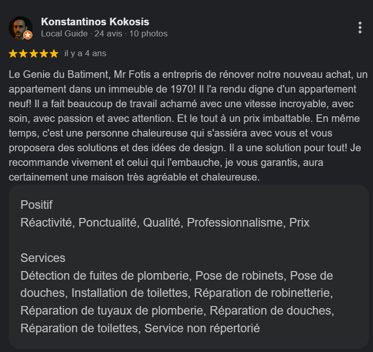 Avis d'un client recommandant les services de Monsieur Fotis pour la rénovation d'un appartement dans un immeuble de 1970, avec mention de son professionnalisme, de sa chaleur humaine et de ses solutions de design.