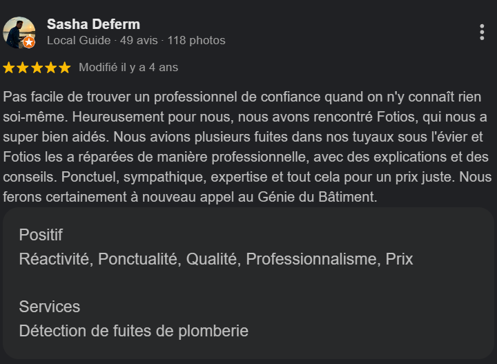 Avis en français pour une entreprise spécialisée dans la détection de fuites de plomberie