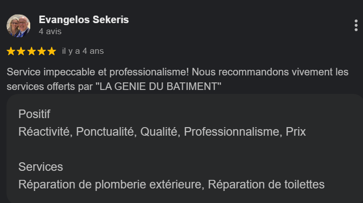 Avis positif pour un service de construction et de plomberie, mentionnant la réactivité, la ponctualité, la qualité, le professionnalisme et les prix.